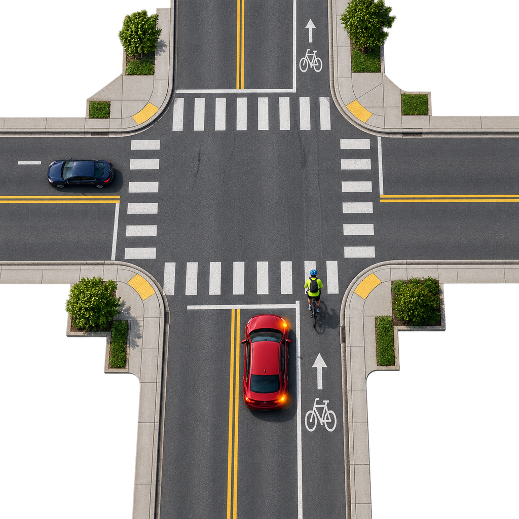 Top-down urban intersection where a red car waits beside a bicycle lane while a cyclist continues straight on the car's right