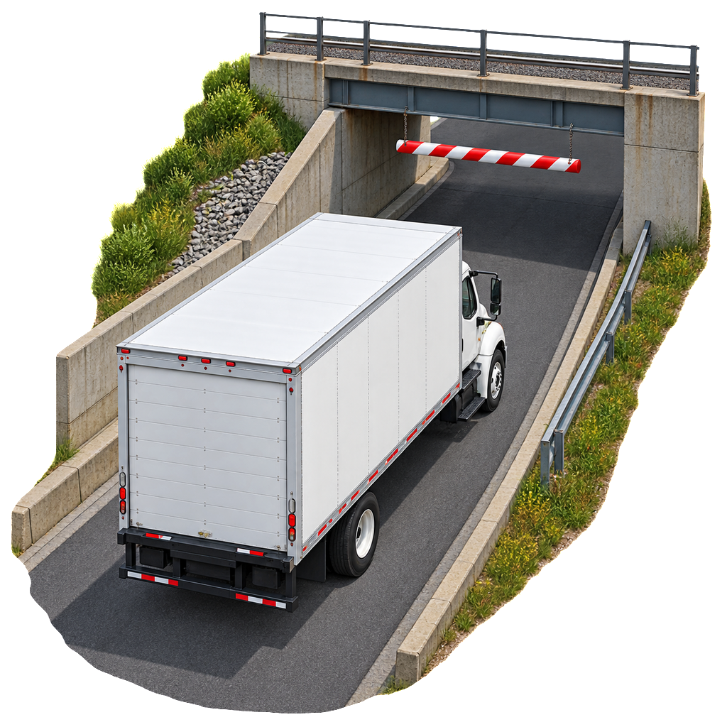 High aerial view of a tall white box truck stopped on a one-way single-lane access road before a low underpass and striped clearance bar