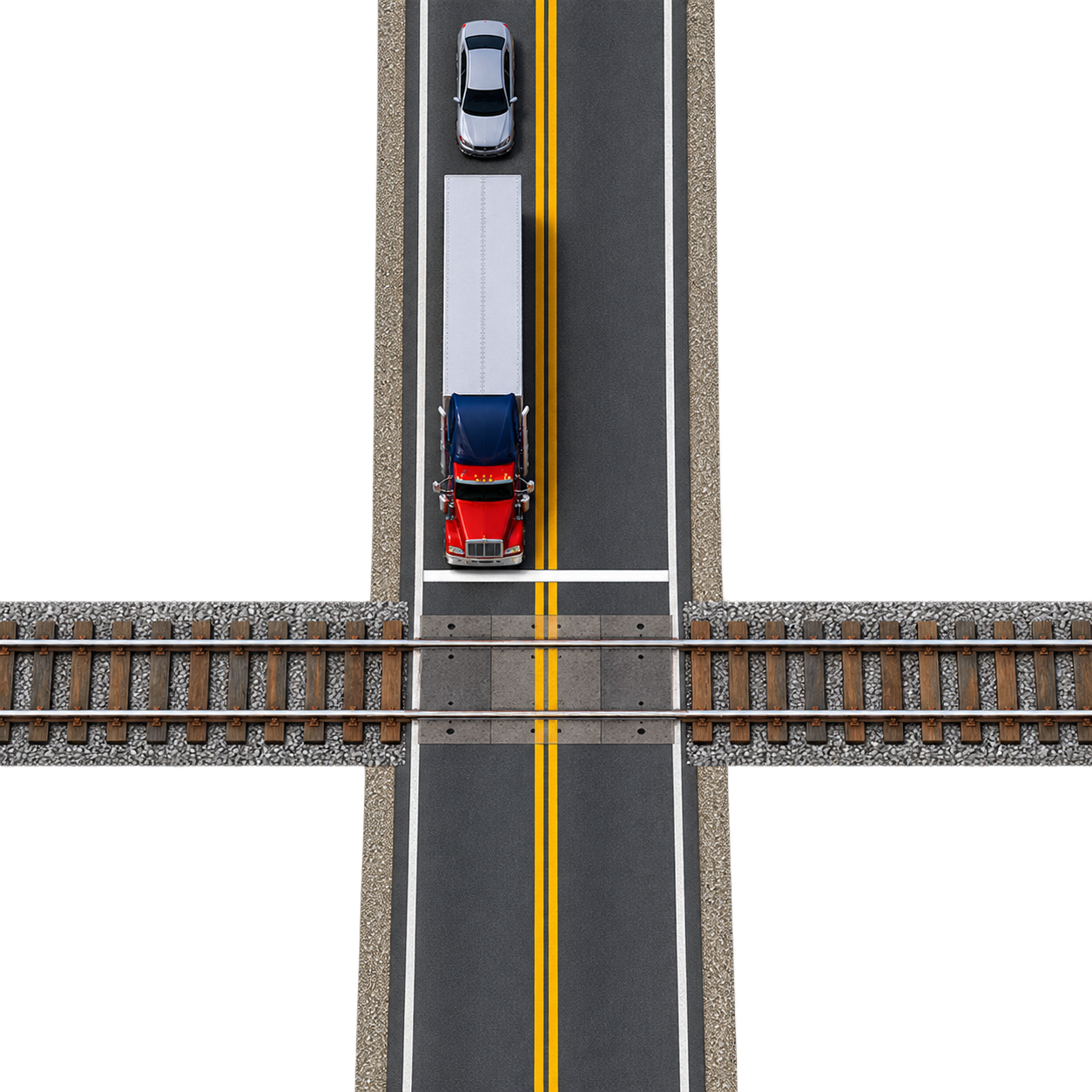 Top-down commercial truck stopped behind a white stop line before a railroad crossing, with a passenger car waiting behind