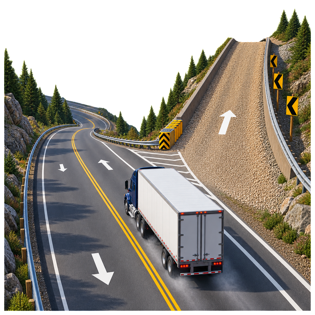 High aerial view of a tractor-trailer descending a mountain highway beside an uphill gravel emergency escape ramp