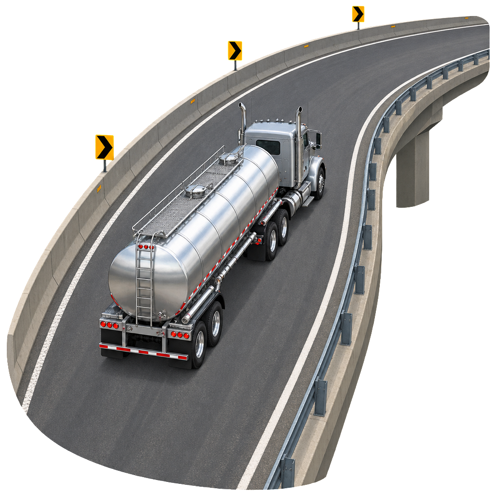 High aerial view of a silver tractor-tanker centered on a one-way highway ramp before a tightening right-hand curve