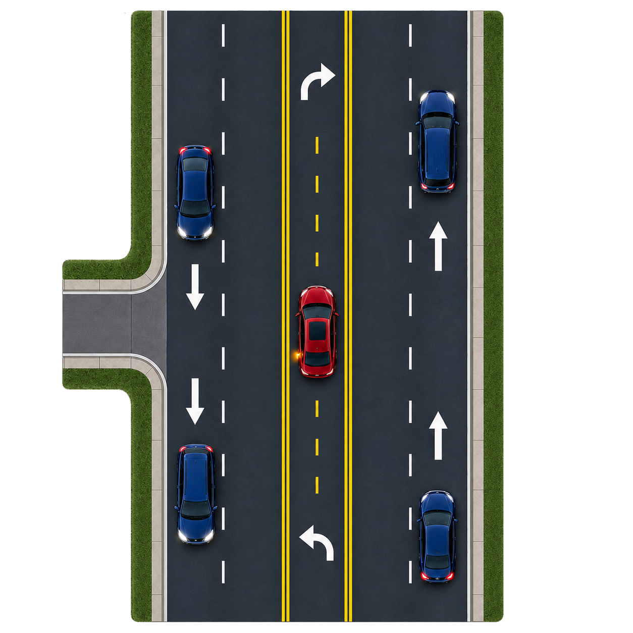 Top-down five-lane road where a red northbound car waits in the shared center turn lane before a left-side driveway