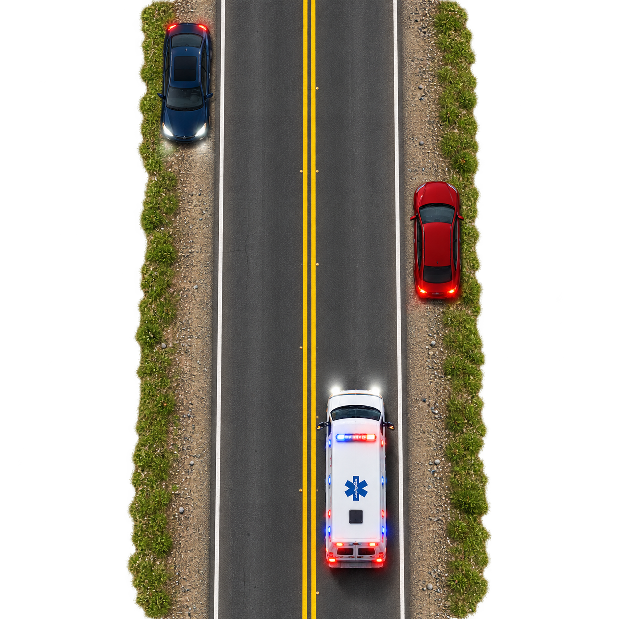 Top-down two-lane road where cars in both directions are stopped on their right shoulders while a northbound ambulance approaches