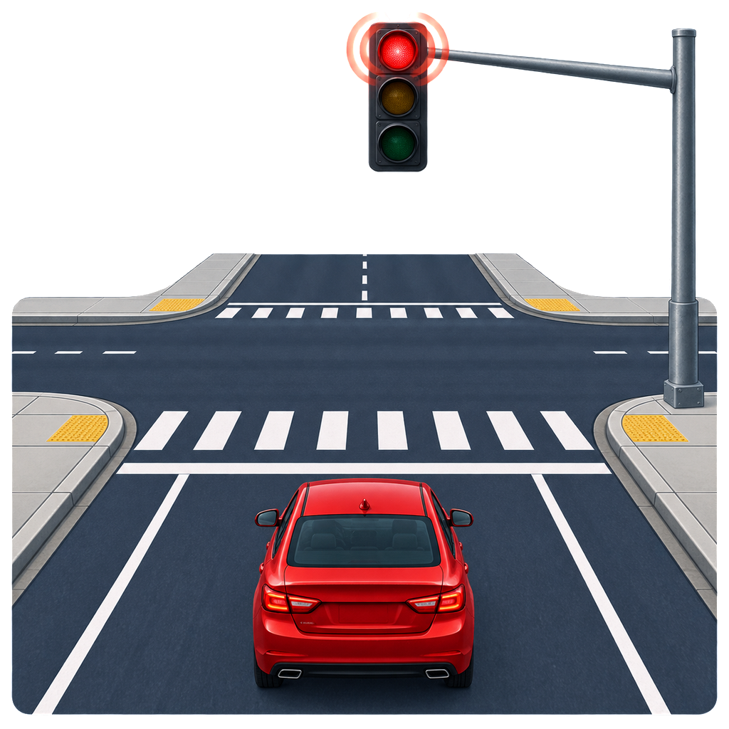 Driver-eye view of a red car stopped behind the line at an intersection while the red signal lens flashes