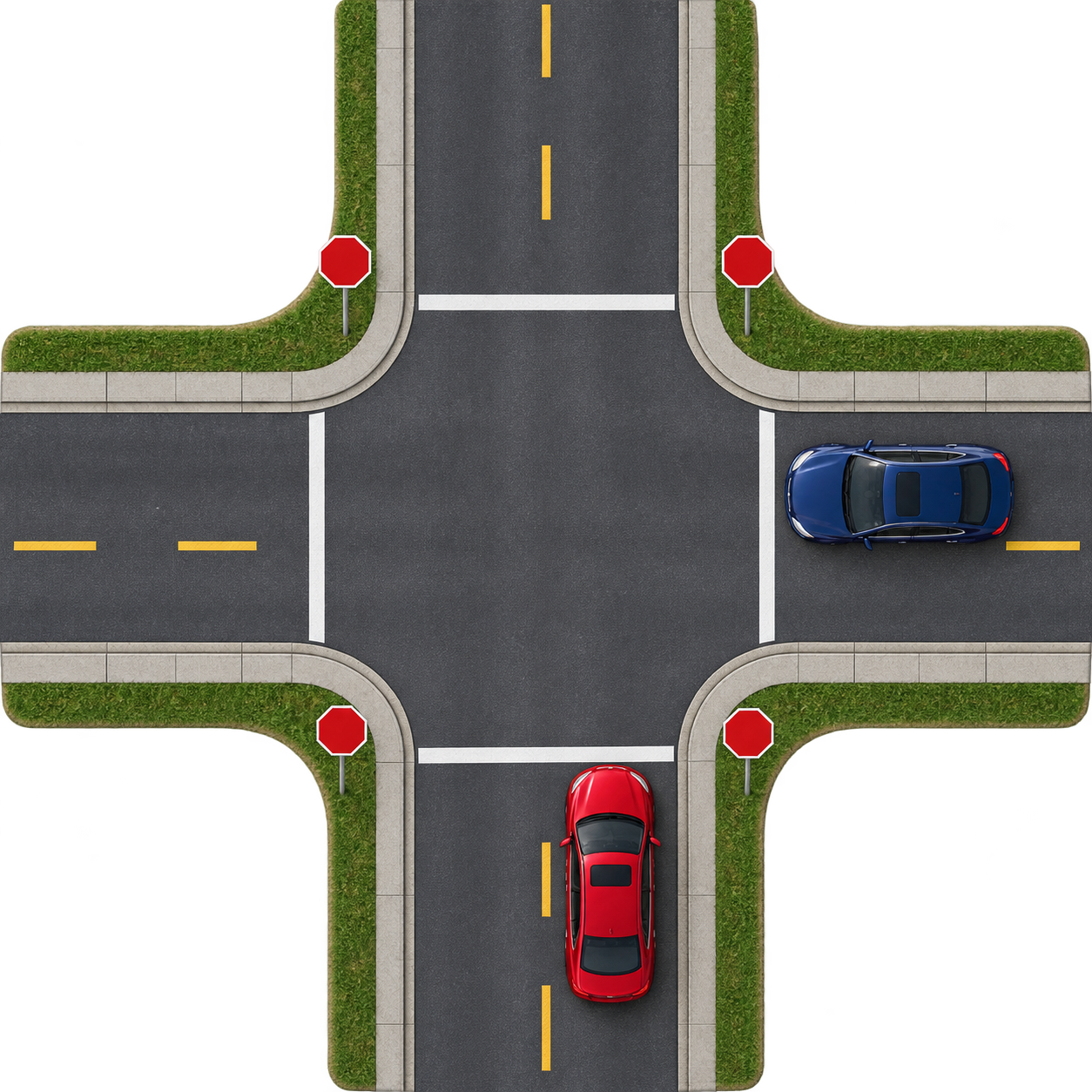 Top-down four-way stop where a red northbound car and a navy westbound car on its right wait behind their stop lines