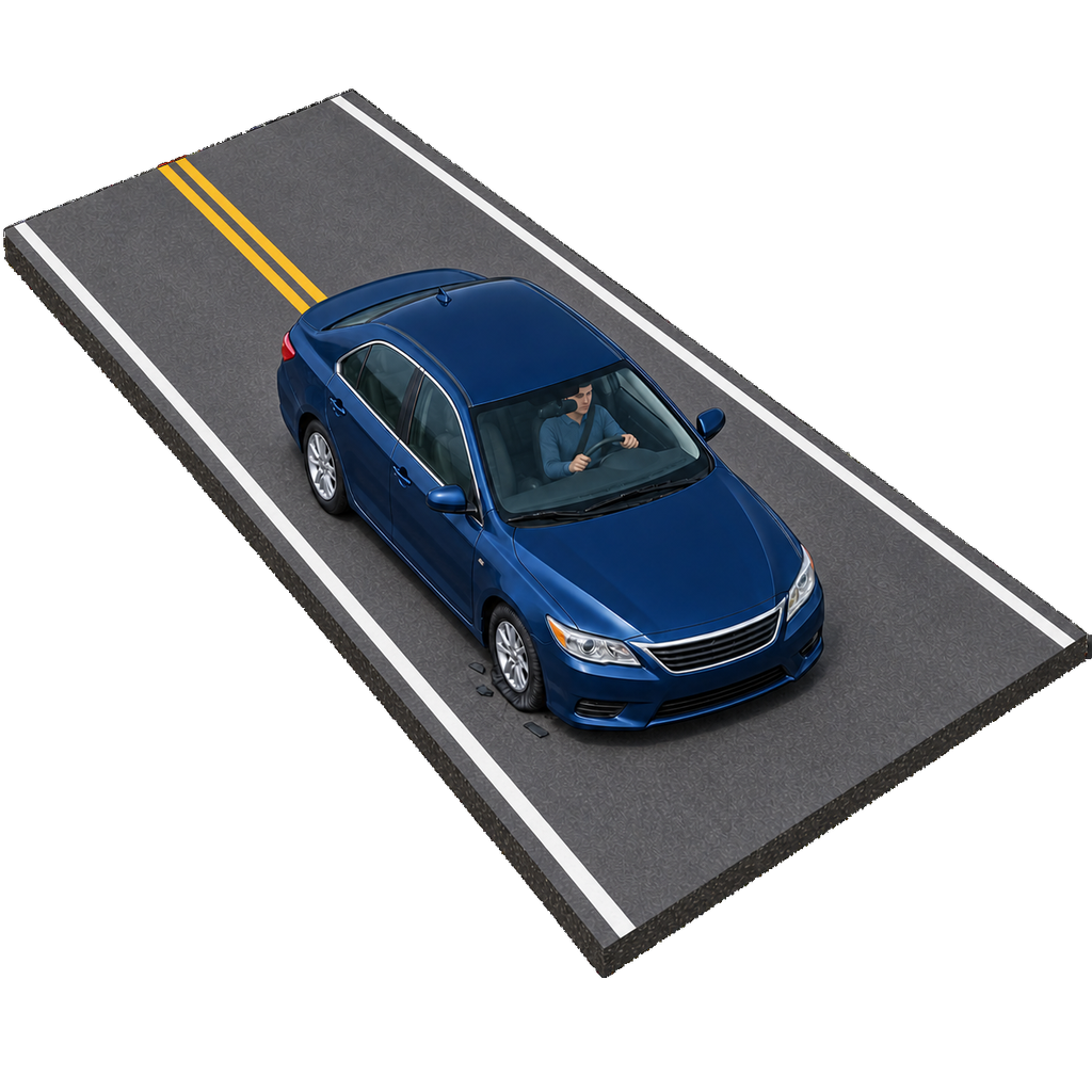 High-angle road diagram where a navy car stays centered in its lane while its front-right tire is visibly deflated and shedding small tread fragments