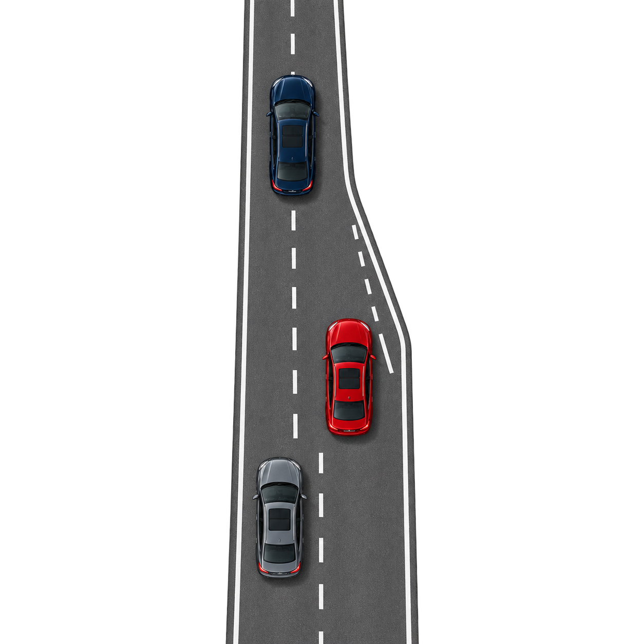 Top-down roadway where two same-direction lanes merge into one with three cars spaced apart