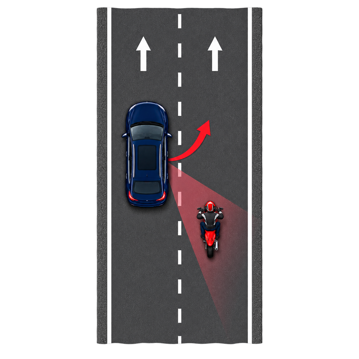 Top-down two-lane roadway with a motorcycle riding beside the right rear quarter of a car that is preparing to change right