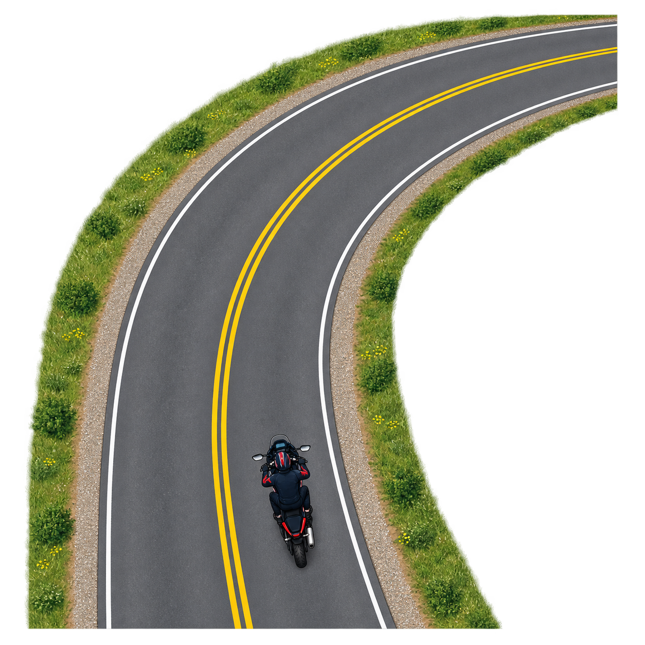 Top-down view of a helmeted motorcyclist positioned in the correct lane before a broad right curve