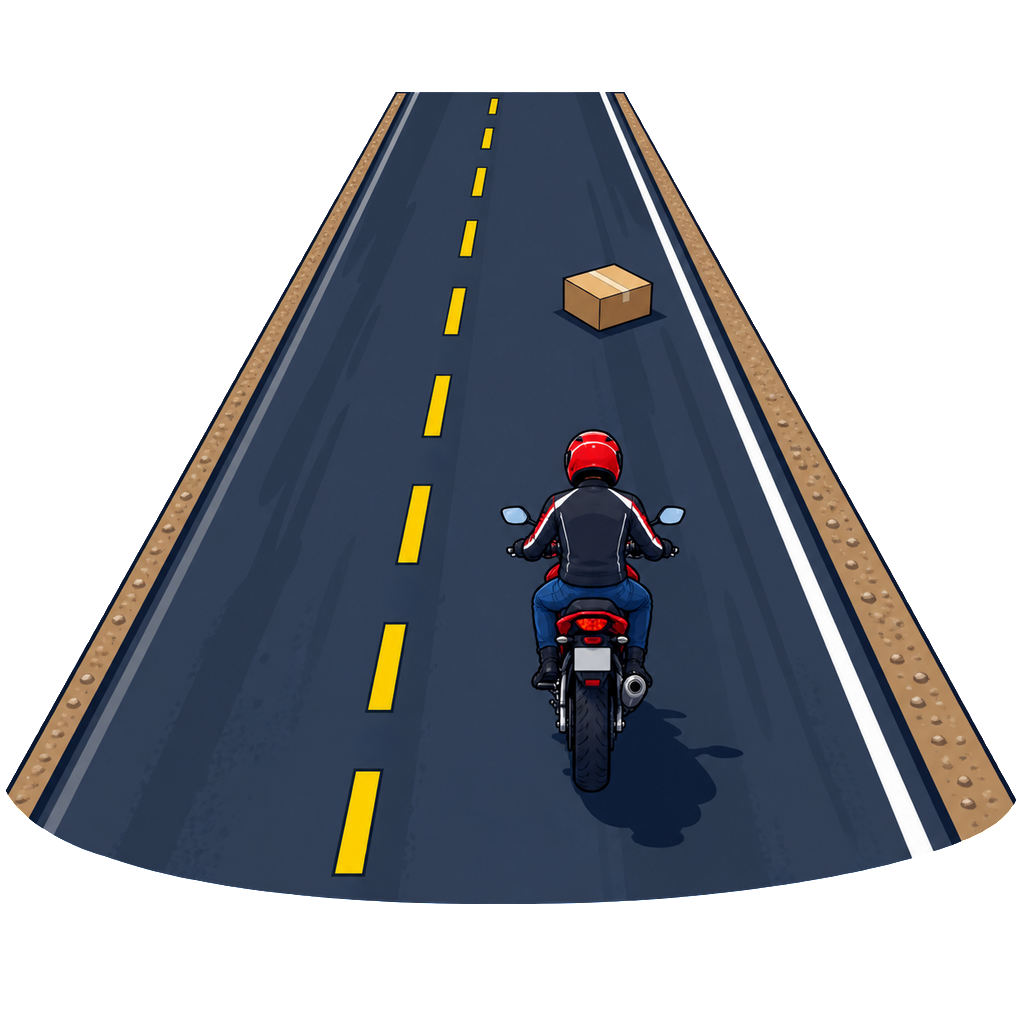 High aerial view of an upright helmeted motorcyclist approaching a box that blocks the right half of the lane while the left side remains clear
