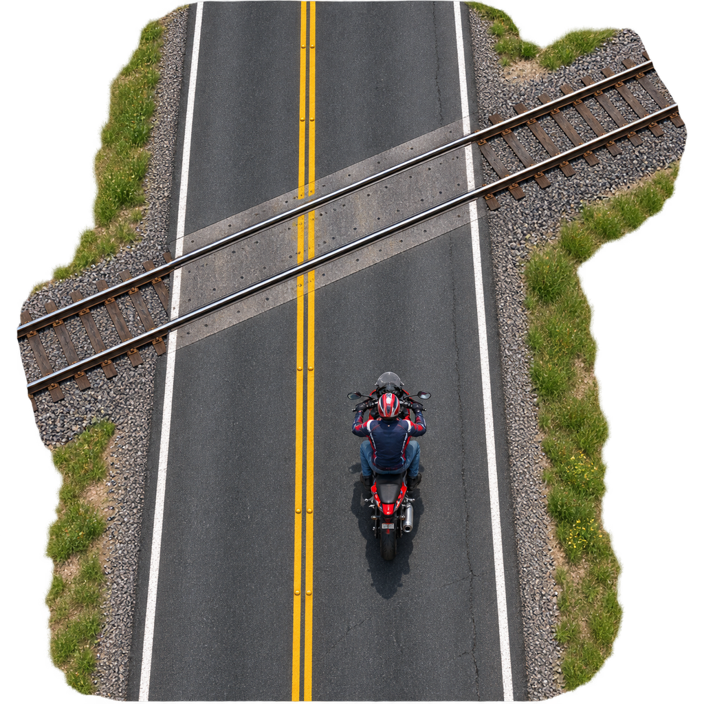 Top-down view of a helmeted motorcyclist riding straight within the right-hand lane toward railroad tracks crossing the road diagonally
