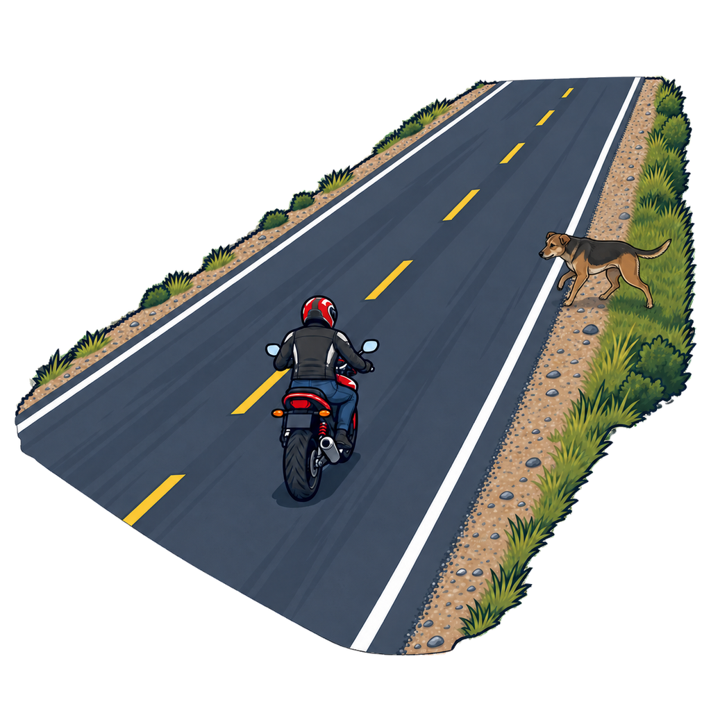 High aerial view of an upright helmeted motorcyclist in the right-hand lane approaching a loose dog at the right shoulder