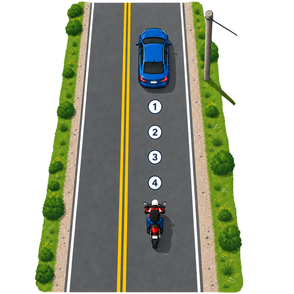 Top-down two-lane road with a helmeted motorcyclist following a blue car and four numbered timing markers between them