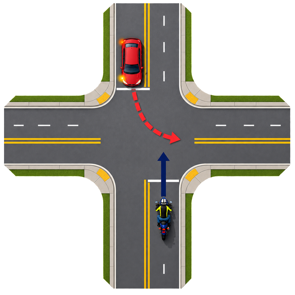 Top-down intersection where a helmeted northbound motorcyclist approaches while an oncoming red car waits to turn left across the rider's path