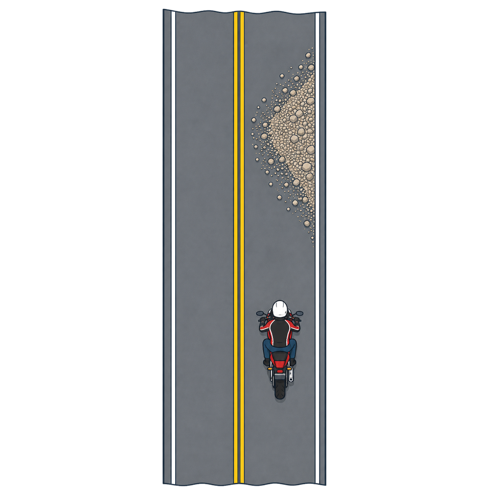 Top-down two-lane road where an upright helmeted motorcyclist approaches a loose gravel patch covering part of the right-hand lane