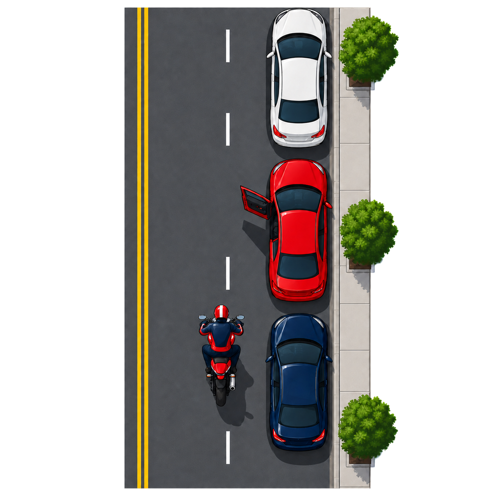 Top-down urban street with three curbside parked cars, an open driver-side door on the red car, and a helmeted motorcyclist maintaining space in the adjacent lane