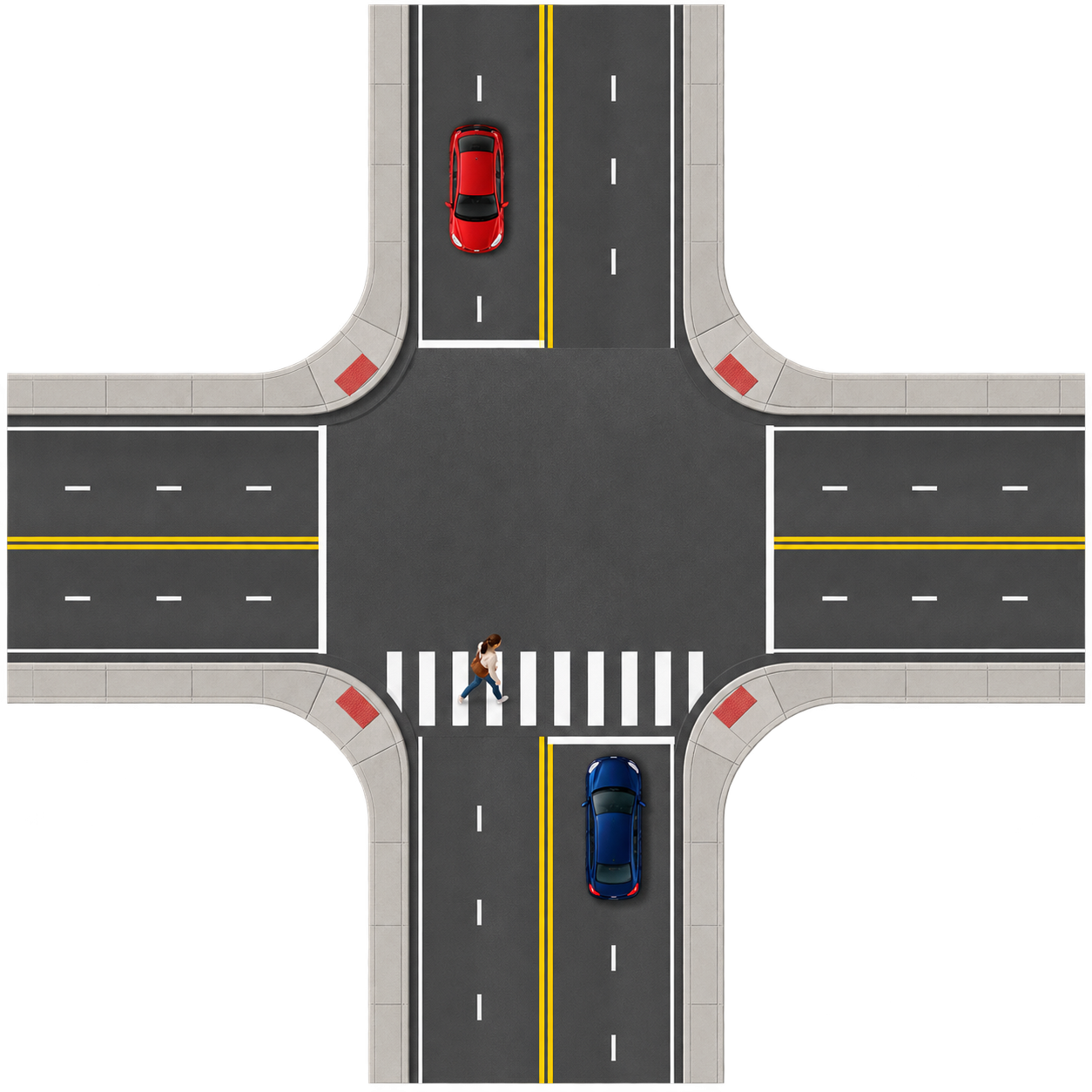 Top-down four-way intersection with a pedestrian in a marked crosswalk and cars stopped before it
