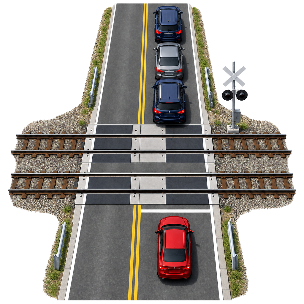 Aerial railroad crossing where a red car waits before two tracks because three queued cars leave no clearance on the far side