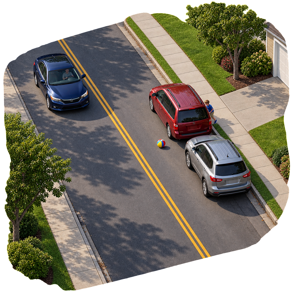 High-angle residential street where a ball has rolled between two parked vehicles as a partially hidden child waits on the sidewalk and a navy car approaches