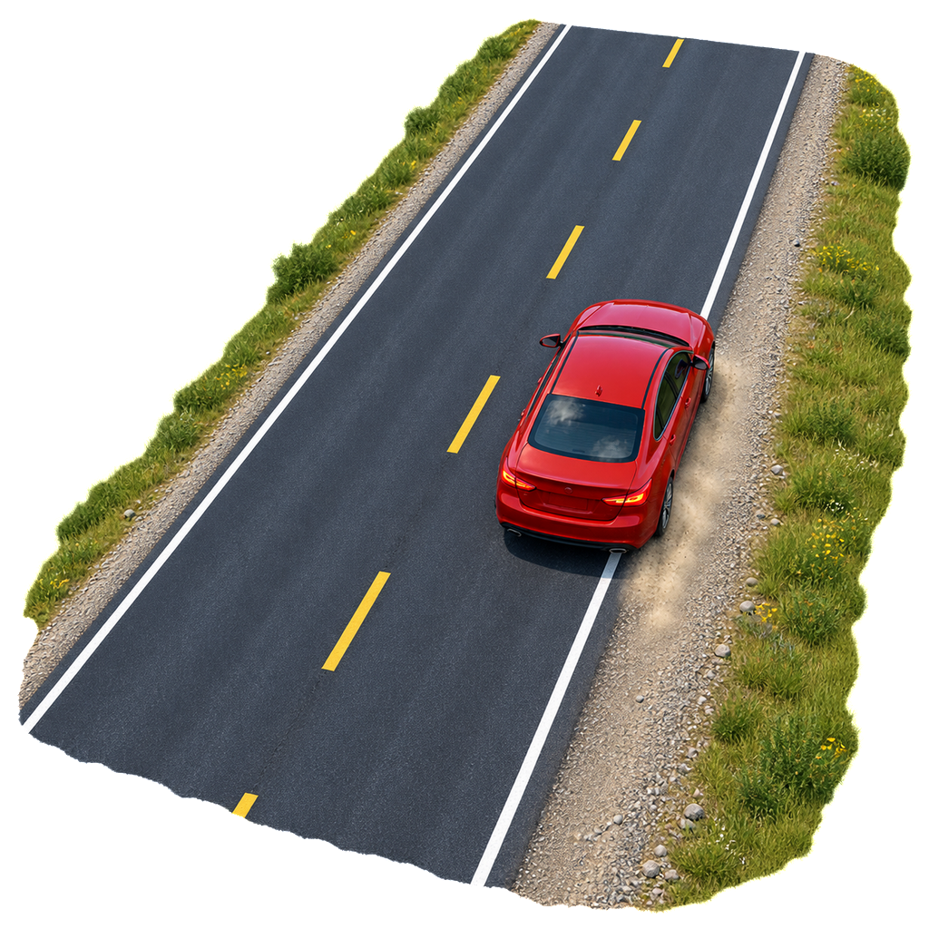 Aerial view of a red car aligned with a rural road while its two right wheels travel on the gravel shoulder