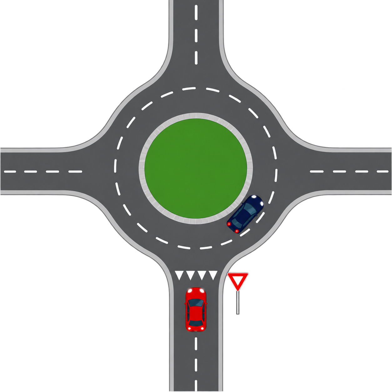Top-down single-lane roundabout where a red car waits at the south yield line while a navy car travels counterclockwise inside