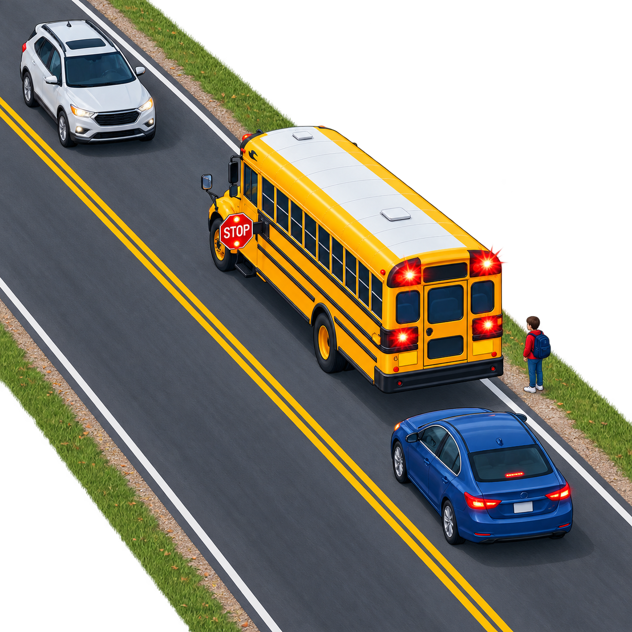 Aerial view of a school bus stopped with red lights and stop arm active while cars wait in both directions on a two-lane road