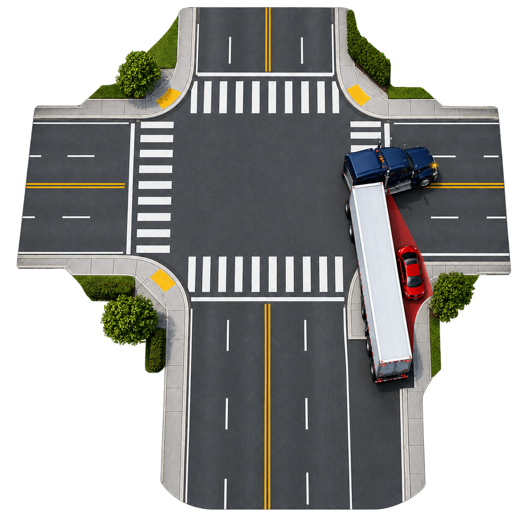 Aerial intersection where a semi-truck turns right while a red car occupies the dangerous space between its trailer and the curb