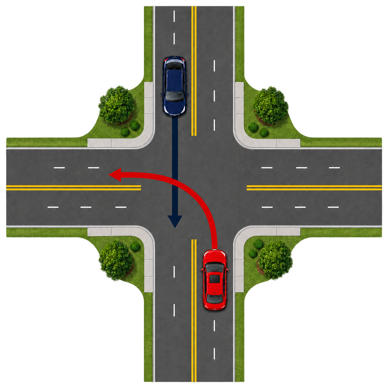 Top-down uncontrolled intersection where a red northbound car intends to turn left across the path of a navy southbound car continuing straight