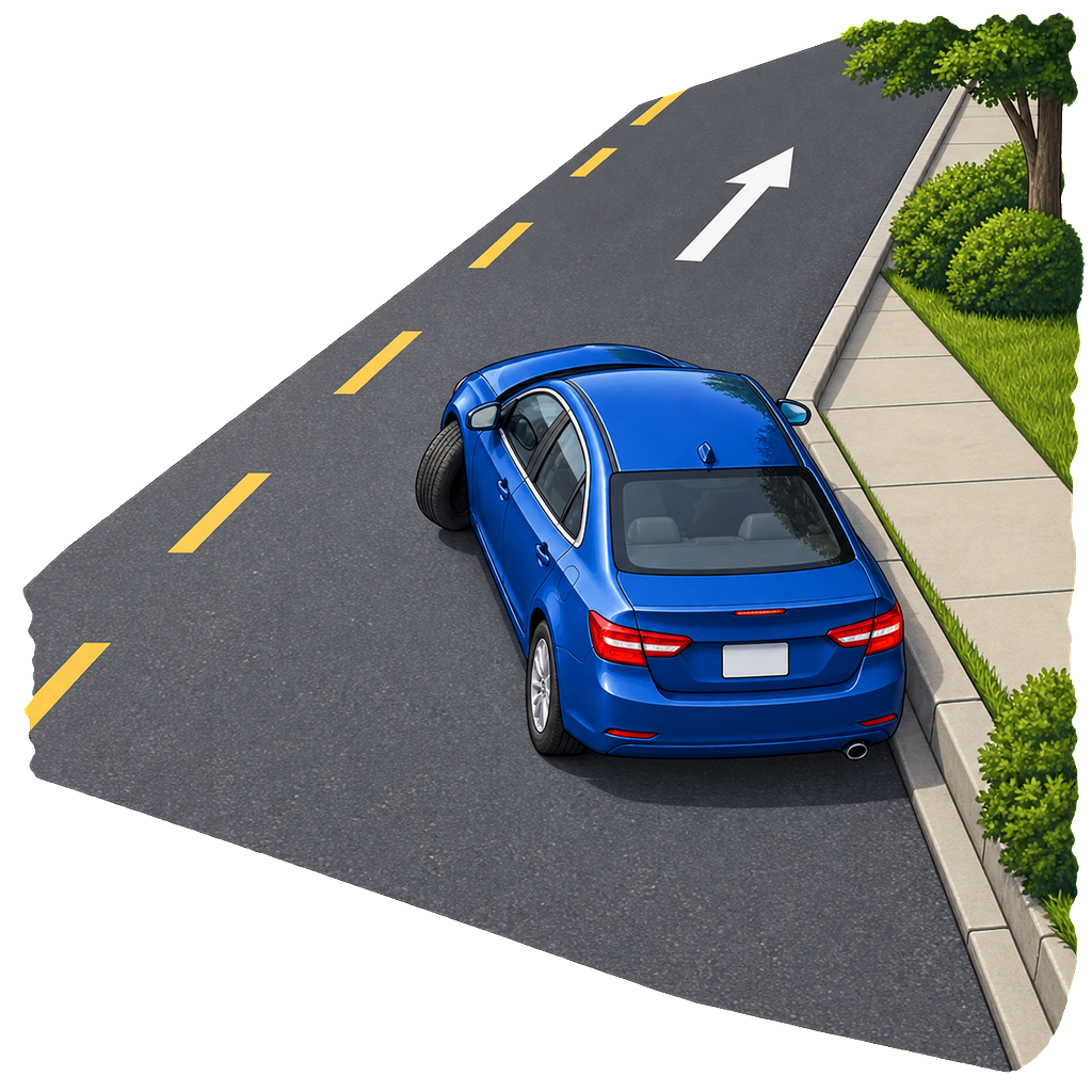 High-angle view of a blue car parked uphill beside a right-side curb with its front wheels turned left toward the travel lane